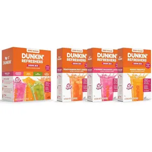 Dunkin' Refreshers Sugar Free Singles To Go | Variety Pack 30ct | Peach Passion Fruit 10ct | Strawberry Dragonfruit Lemonade 10ct | Mango Pineapple 10ct