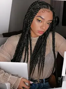 Full Lace Braided Wig with Baby Hair, Realistic Illusion Hairline, Square Knotless Box Braid Wigs for Women, 34 Inch Synthetic Double Lace Braids