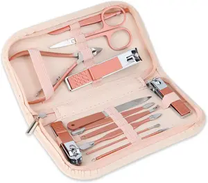 Nail Clippers and Beauty Tool Portable Set, Rose Gold Martensitic Stainless Steel Manicure Set 12 in 1, with Pink Leather Bag Salon Gift