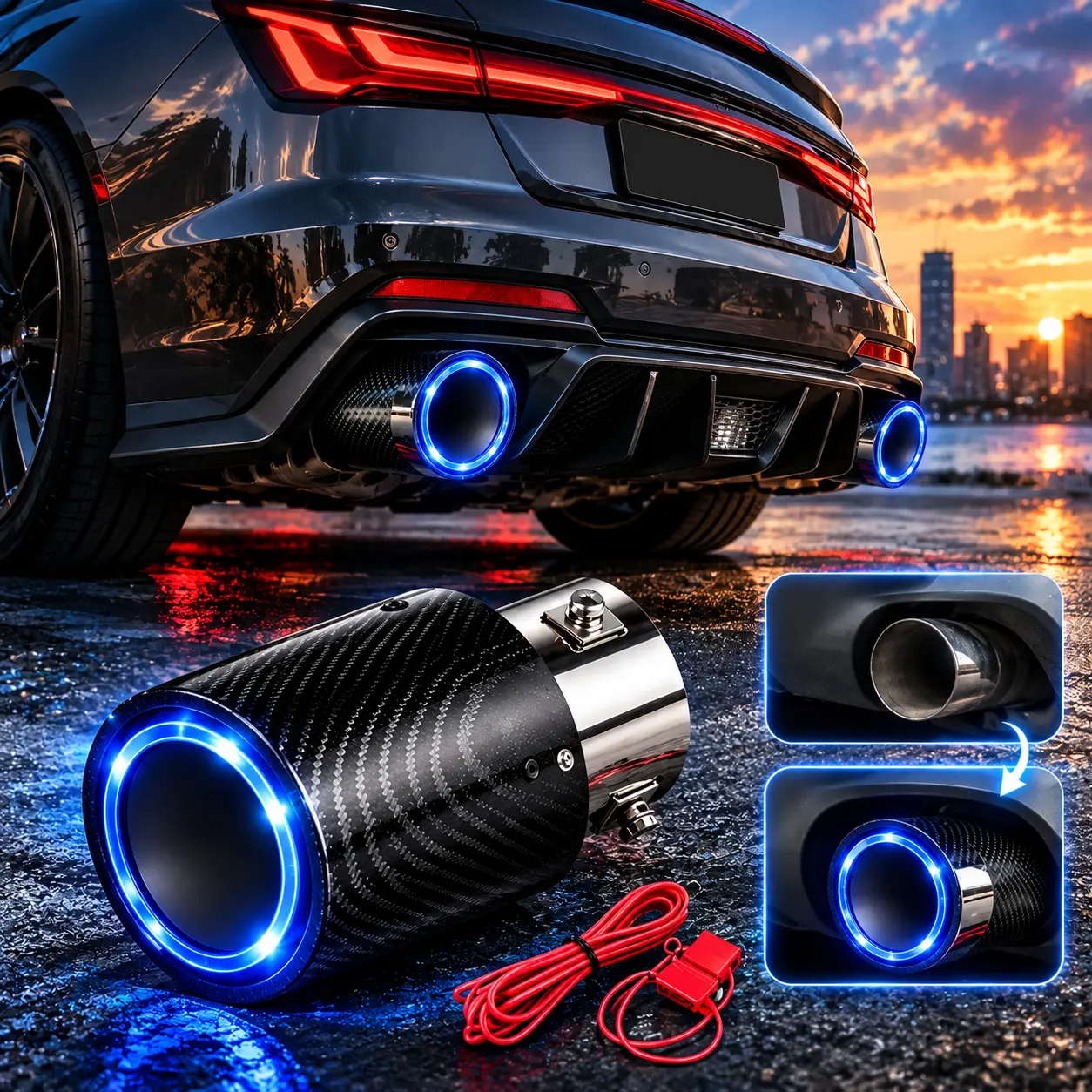 Universal LED Carbon Fiber Style Exhaust Tip, Red/Blue Light Car Muffler Tail Pipe Cover, Clamp-On Luminous Exhaust Decoration for Cars Trucks SUVs, Automotive Exterior Accessories #ExhaustTip #LEDExhaustTip #CarbonFiber