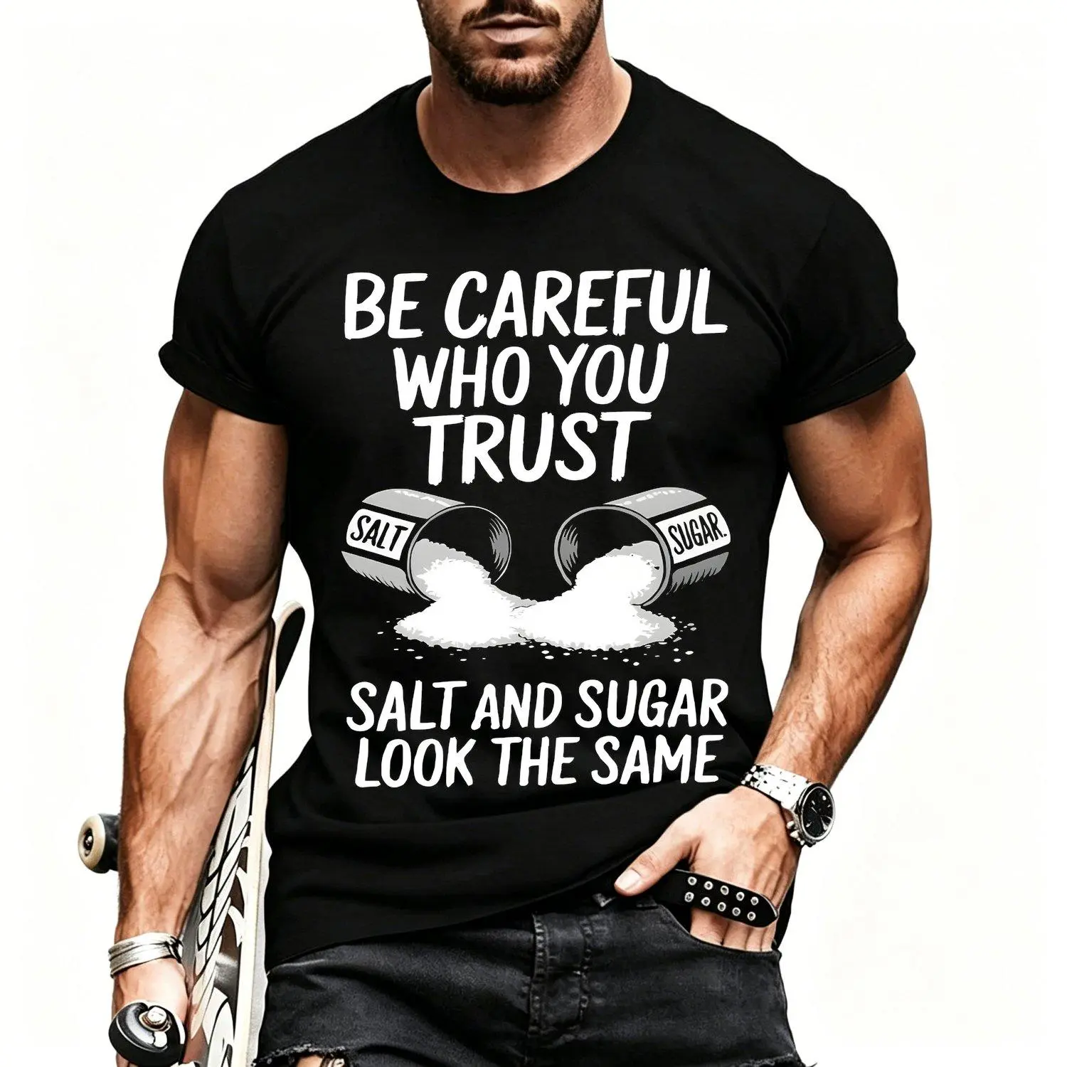 Men Short sleeve Fitness Tshirts Salt Graphic Print Be Careful Who You Trust Slogan Short Sleeve Crew Neck Top Casual Athletic Gym Streetwear Slim Fit