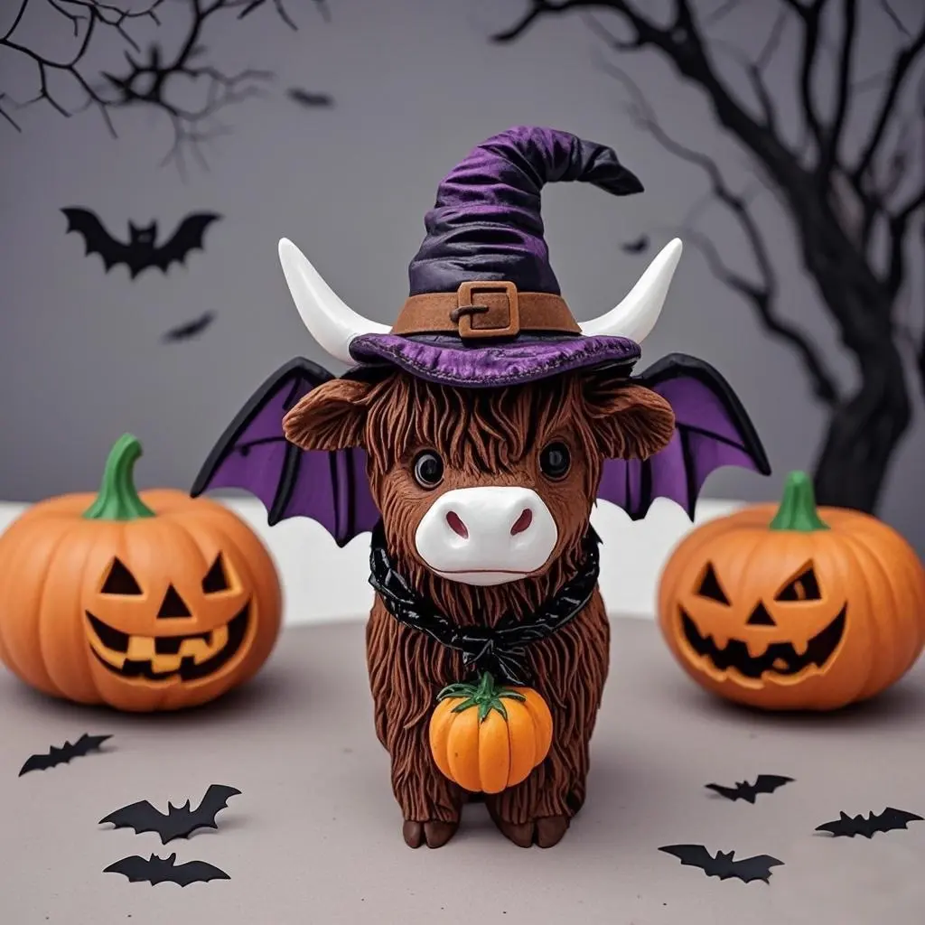 Highland Cow Halloween Pumpkin Skeleton Spider Statue, Scottish Resin Figurine, Home Garden Kitchen Office Decor Gift