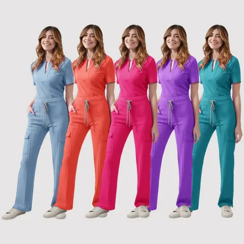 Women's 2-Piece Minimalist Hospital Scrubs Workwear - Fitted V-Neck Polyester Top & Stretchable Trouser, All-Seasons Uniform, Clothes for Women Suitable for Bending