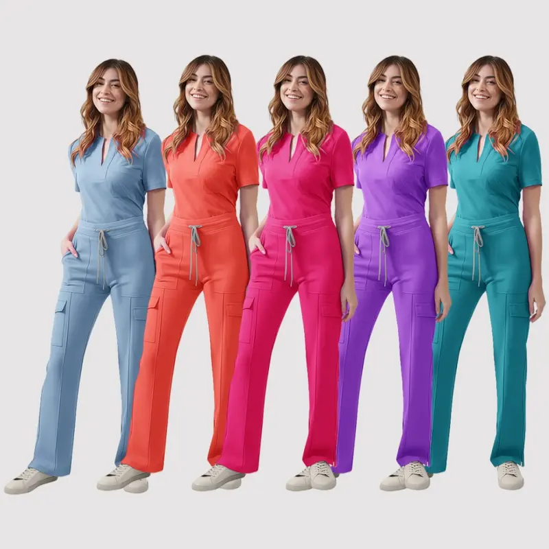 Women's 2-Piece Minimalist Hospital Scrubs Workwear - Fitted V-Neck Polyester Top & Stretchable Trouser, All-Seasons Uniform, Clothes for Women Suitable for Bending