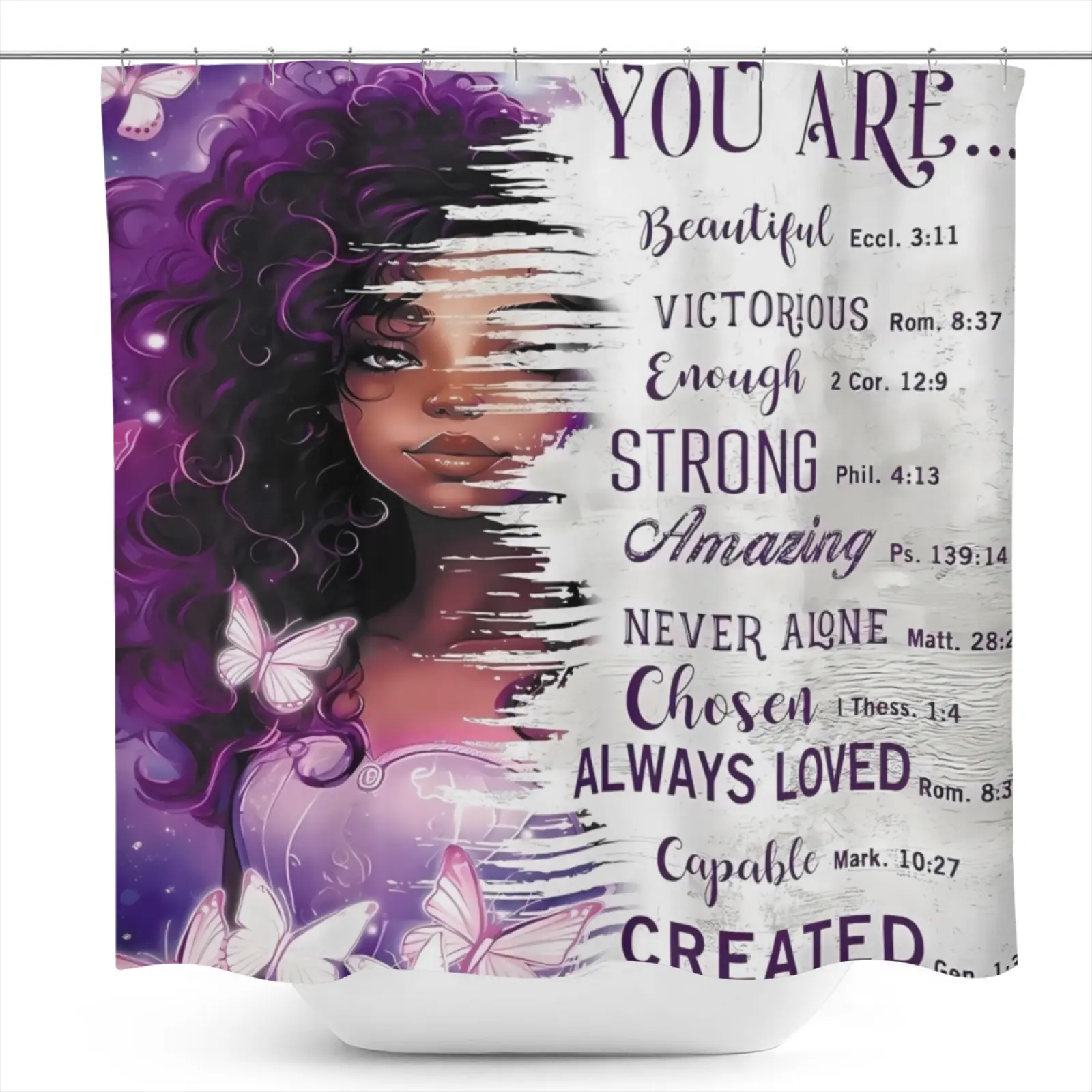 Purple Curly Hair Black Woman Bible Verse Pattern Shower Curtain, Waterproof Resistant Washable Polyester Fabric, 12 Hooks Included, 71in W x 71in H, Modern Art Design, Bathroom Decoration