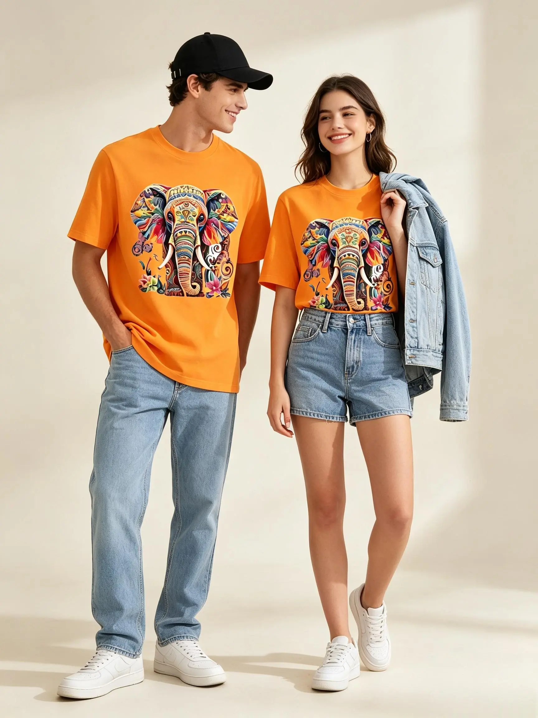 Women's Plus Size Cotton Vintage Ethnic Colorful Elephant Print T-Shirt - Short Sleeve, Round Neck, Boho Graphic, Soft Breathable Fabric, Perfect Fit Casual Top for Spring Summer, Shortsleeve, Oversized, Tee, Tshirt, Vibe, Relaxed Cut, Short Sleeves sohoc