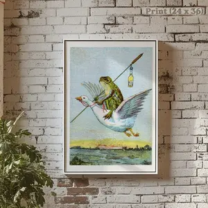 Riding Frog Art Print, Antique Frog Art, Vintage Frog, Victorian Kitsch Poster, Weird Art Print, Storybook Funny Frog, Retro Stork Toad Unframe