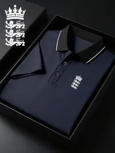 Men's England Cricket Logo Print Polo Shirt, Quick-Dry Sportswear, Breathable Fabric, Durable Stretch, Short Sleeve, Fitted Style