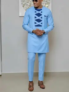 Men's Muslim Kaftan Kurta Set, Round Neck Long Sleeve Blouse & Pants, Casual African Style, Wedding Party Business Gift, Traditional Clothing