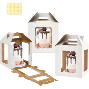 Tall Cake Box with Windows, 10x10x10 inches, Handle, Transport Container for Tiered Cakes, White, 3 Pack