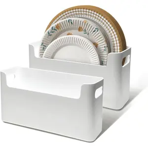 Paper Plate Dispenser for 6-10 Inch Disposable Plates, 2 Pcs Space Saving Plastic Foam Paper Plates Storage Organizer for Kitchen Cabinet Countertop RV or Outdoor Party, Table Storage Organizer