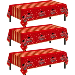 3count Graduation Tablecloth, Graduation Party Decorations 2024 Red and Gold, Graduation Table Cloth 54"x108" Waterproof Plastic Disposable Tablecloth for Parties, Graduation Party Supplies