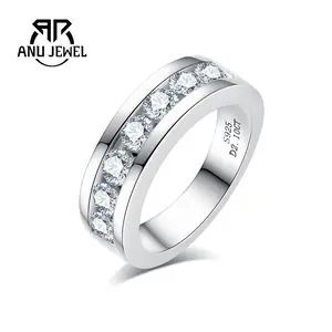 AnuJewel Moissanite Wedding Band Half Eternity Rings D Color VVS1 925 Sterling Silver Golden Plated Anniversary Band Rings for Men Father's Day with Certificate