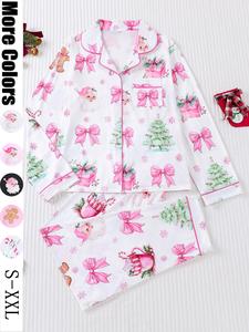 women's christmas pajama set, long sleeve lapel top & elastic pants, casual fall winter sleepwear, comfortable home
