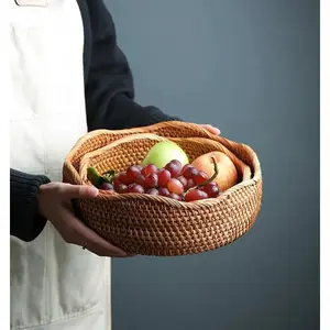 Hand-woven rattan storage basket wave edge round bread basket household supplies bread food tray fruit storage tray home gift traditional Set Paint