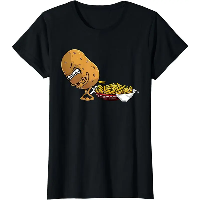 Women's 100% Cotton Short-Sleeve Fitted Streetwear Top, Casual Distressed Vintage T-Shirt with Funny French Fries Print for Potato Food Enthusiasts, Everyday Wear