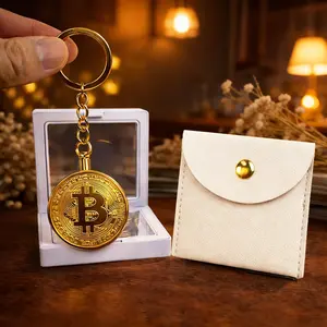 Gold-Plated Bitcoin Shape Commemorative Coin Gift Set for Crypto Enthusiasts Collector Kit with Mystery Gift Box Keychain & Leather Pouch Premium Craft Portable Desk Display & Home Decor Souvenir