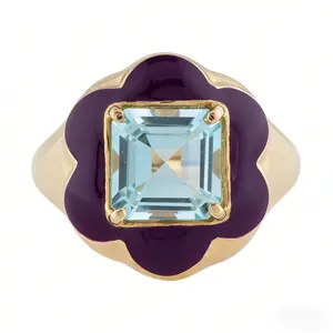 Elegant floral ring for women, set with a square-cut artificial gemstone, surrounded by purple enamel outlining the petals; bold vintage jewelry, a perfect gift for women.