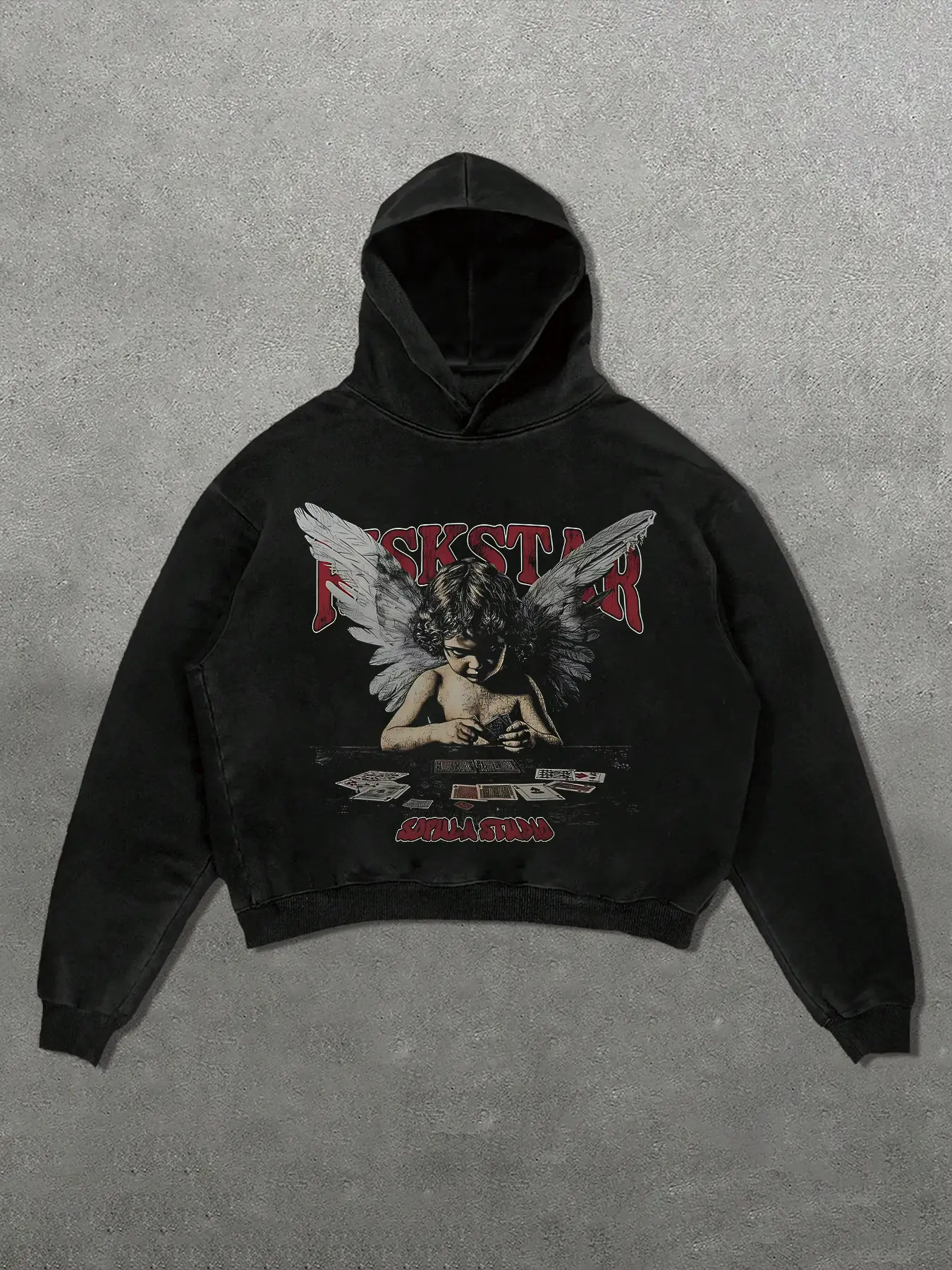 Unisex Hooded Cotton Knit Sweatshirt with Angel Graphic Letter Print, Long Sleeve, Casual Hip-Hop Style, Fitted Design for All Seasons, Comfortable Moderate Fabric