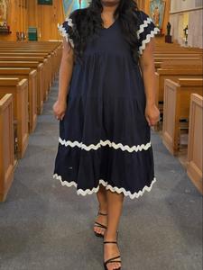 【plus size】 colorblock print v neck dress, elegant short sleeve a line dress for summer, women's plus clothing for daily wear, women's clothing, casual wear