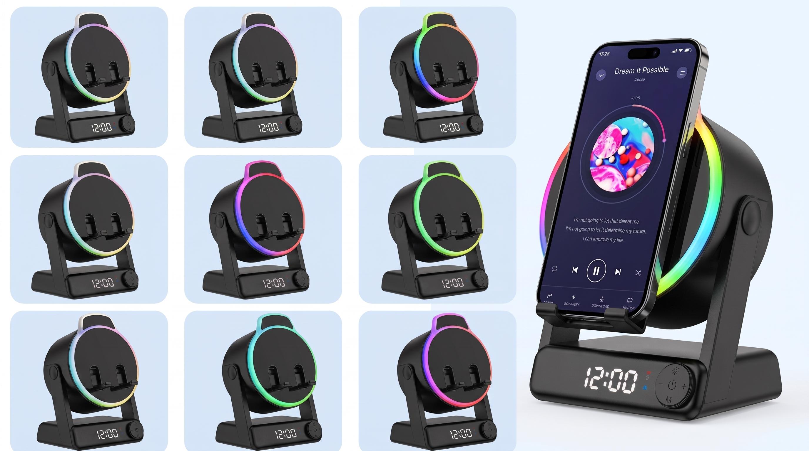 MFHHFM Portable Wireless Induction Bluetooth Speaker - 5-in-1 Mobile Device Accessory with Phone Stand, Stereo Sound, Digital Alarm Clock, RGB LED Light, Adjustable Holder for iPhone, Android & iPad, Batteries Included, Tech Gifts for Women, Portable Spea