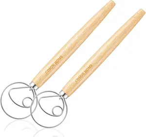 2-Pack Danish Dough Whisks – Wooden Handle Dutch Bread Mixers with Stainless Steel Hooks – Hand Mixers for Sourdough, Bread, Pizza, Pastry, and Cake Baking