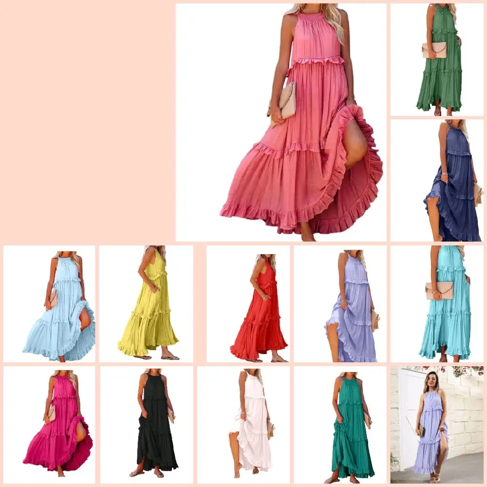 Maxi sleeveless dress halter tie back ruffle built in bra tierd maxi dress for women