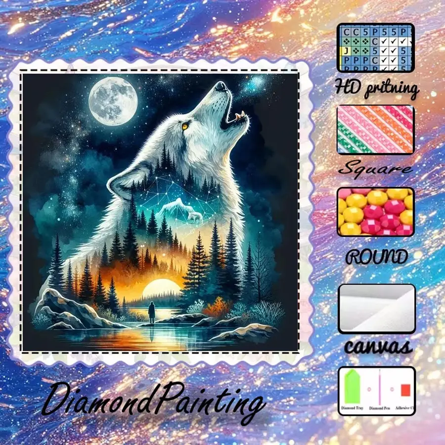5D-DIY, Handicraft, velvet canvas, diamond art, diamond painting kit, wolf, forest, starry sky, AB diamonds, crystal diamonds, perfect home decoration, handmade diamond art painting kit, special craft diamond art kit, Diamond Art Tools