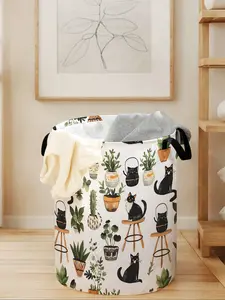 Cat & Plant Print Laundry Basket with Handle, Collapsible Laundry Hamper, Durable Foldable Storage Bin, Large Capacity Clothes Organizer for Home Use