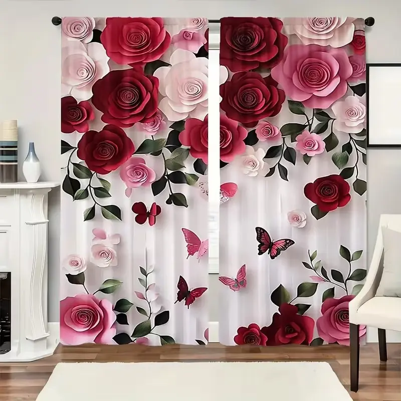 2-Piece Rose Curtain Set, Window Curtain, Home Decoration Curtain, Curtain Panels, Home Decorative Curtain, 2D Flat Print Design, Ideal for Bedroom Office Kitchen Living Room Study, Rod Pocket Home Decor