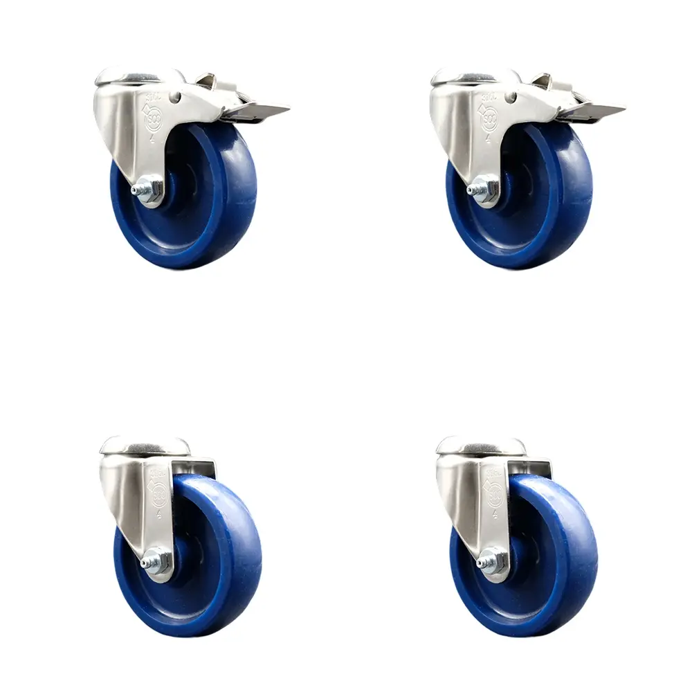 Service Caster SCC-SS316BHTTL20S414-SPUS-2-S-2 Solid Polyurethane Swivel Bolt Hole Caster with 4 in. Blue Caster Wheels - 316 Stainless Steel Casters - Set of 4