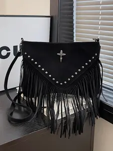 Women's Fashionable Large V Studded Fringe Bag, Spacious Faux Suede Shoulder Crossbody Bag for Work & Leisure, Perfect Holiday Gift