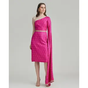 Aanya One Shoulder Dress – Rani Pink Silk Midi Dress with Draped Sleeve & Detachable Lace Belt