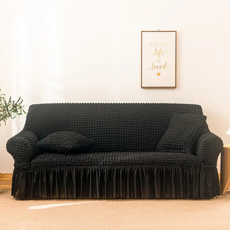 1-Piece Seersucker Sofa Slipcover - High Elastic Stretch Couch Cover for Sofa, Full Coverage, Machine Washable, Durable, All-Season Use, Black