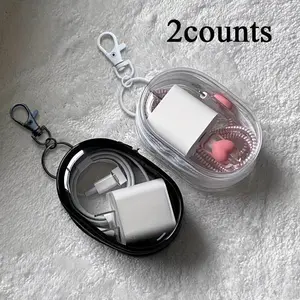Transparent Plastic Storage Bag, 2 Pack Portable Earbud and Cable Organizer, Durable Mini Electronic Earbud Travel Case with Keychain Accessory