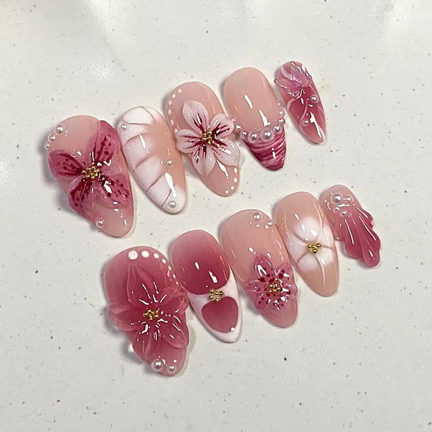 Spring Press On Nails Medium Almond Fake Nails Full Cover False Nails With Pink Flower Designs Acrylic Nail Press Ons Reusable Stick On Nails Glossy Pearl Glue On Nails For Women Handmade Nail Art Nail Art Supplies Manicure Nail Art Decorative Nails
