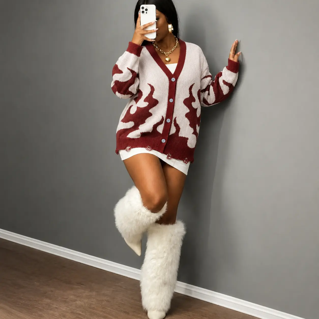 Women's Knitting Flame Pattern Cardigan - Unisex V-Neck Longsleeves Comfortable Soft Polyester Top, Everyday Casual Women's Knitwear