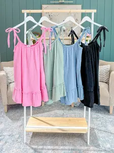 100% Cotton Mineral Washed Shoulder Tie Dress | S-L