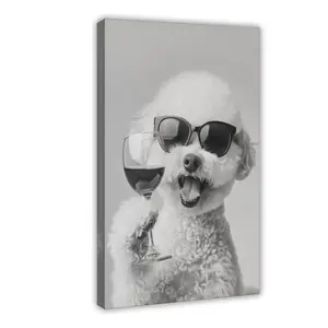 Bichon Frise And Wine _ Bar C Funny Dog,Pet Portrait Wall Decor, Rustic Canvas Print for Pet Lovers.