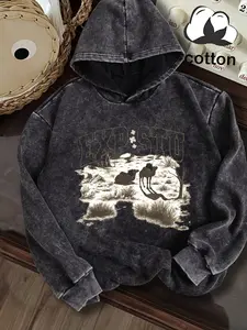 Cotton washed distressed hooded sweatshirt, street fashion trend plus fleece hoodie, American retro desert camel print, women's autumn and winter wear, unisex