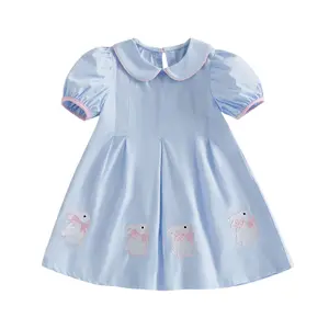 Babamoon Kids Toddler Baby Girl Easter Dress Bunny Embroidery Doll Collar Short Sleeves A Line Dress 1-5 Years