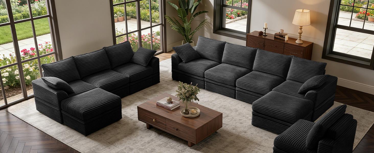 【2-4 Packages Shipping】NABUMI 142” Oversized Modular Sectional Sofa with Storage, Extra Deep&High Seat Corduroy Cloud Couch, Ergonomic Memory Foam Sofa, Comfy Fluffy, Free Combination, with Ottomans, Tool-Free Assembly, Black, Beige, Dark Gray, Green