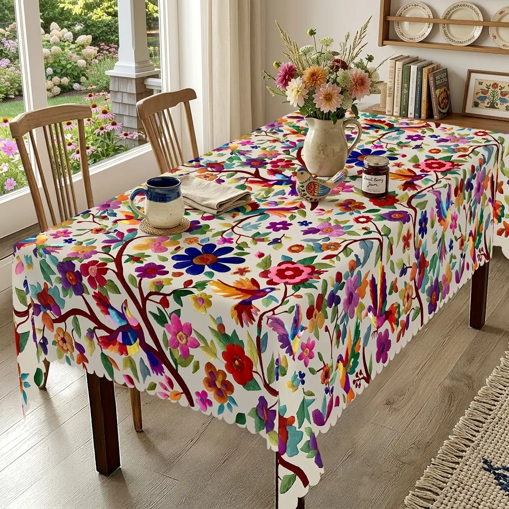 Fall Thanksgiving Mexican Floral Bird Print Tablecloth, Colorful Bohemian Embroidery‑Style Table Cover, Boho Folk Art Decor Table Cloth for Rectangular Round Dining Table, Indoor Outdoor Autumn Harvest Home Kitchen Decoration