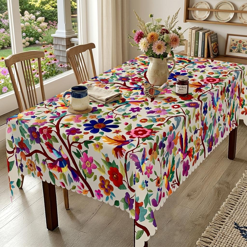 Fall Thanksgiving Mexican Floral Bird Print Tablecloth, Colorful Bohemian Embroidery‑Style Table Cover, Boho Folk Art Decor Table Cloth for Rectangular Round Dining Table, Indoor Outdoor Autumn Harvest Home Kitchen Decoration