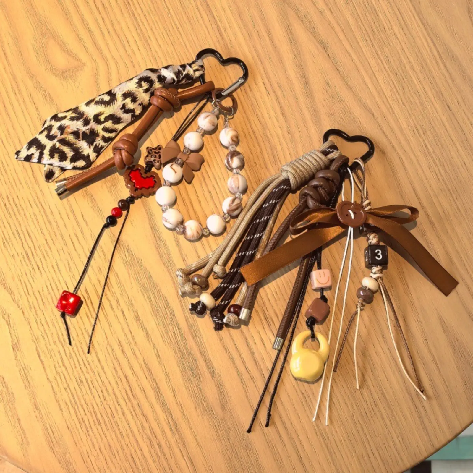 Keychain Wristlet for Women, Handmade Coffee-Colored Leopard Print Fabric with Bow, Stylish Purse Accessory, Wrist Strap, Handmade Keychain