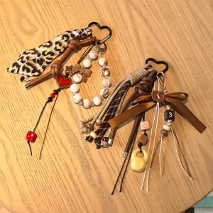 Miu-Style Coffee-Colored "Ins-Style" Accessory — Handmade DIY Leopard Print Bow Keychain & Bag Charm