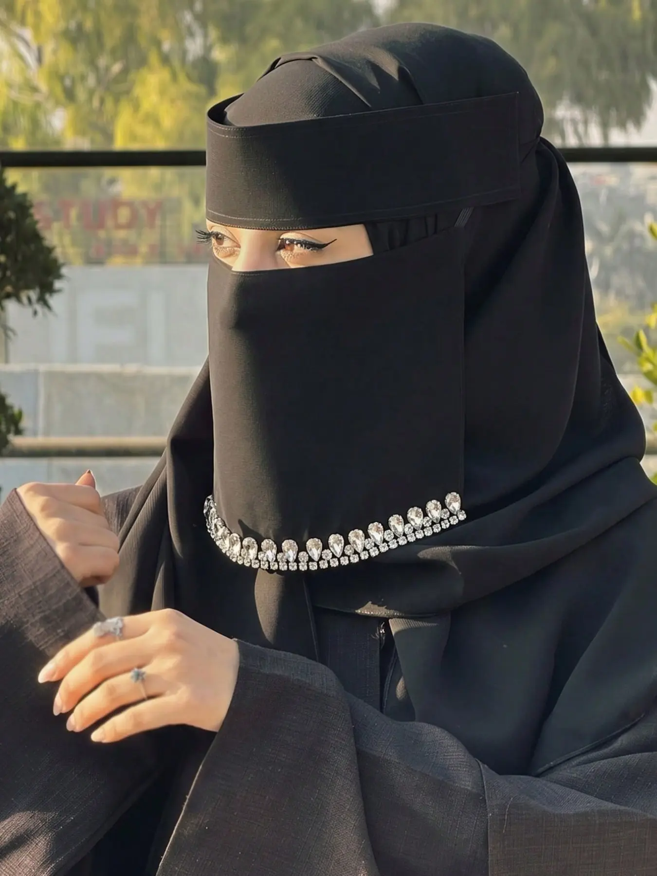 Women's Fashion Modesty Rhinestone Niqab, Breathable Tie-On Mask, Sun Protection Hijab, Multifunctional Muslim Headscarf, Tudung, Ideal for Daily Outing