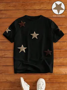 Men's Street Style Streetwear Couple Star Print Towel Embroidery Short Sleeve T-Shirt, Casual Daily Wear, Anniversary Gift, Cross Pattern