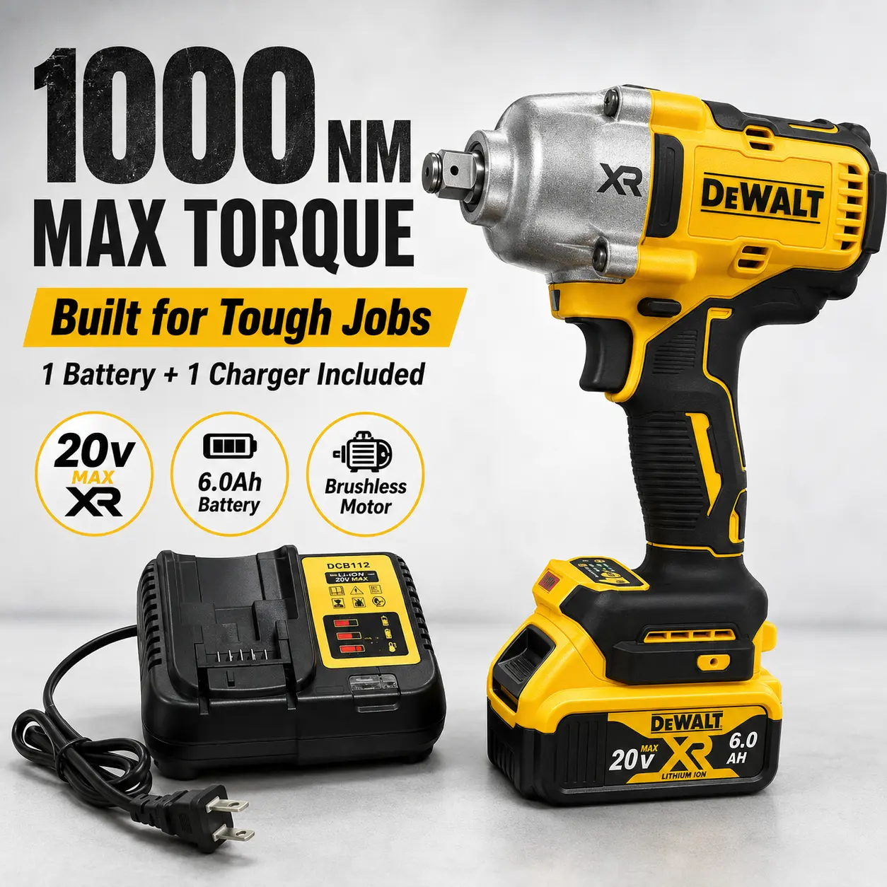 DEWALT DCF900 Kit 1/2In Brushless Cordless High Torque Impact Wrench With Hog Ring Anvil 20V Power Tools With Battery Charger