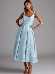Azazie Amalie Square Neck Pleated Pockets Wedding Guest Party Floral Burnout Midi Dress